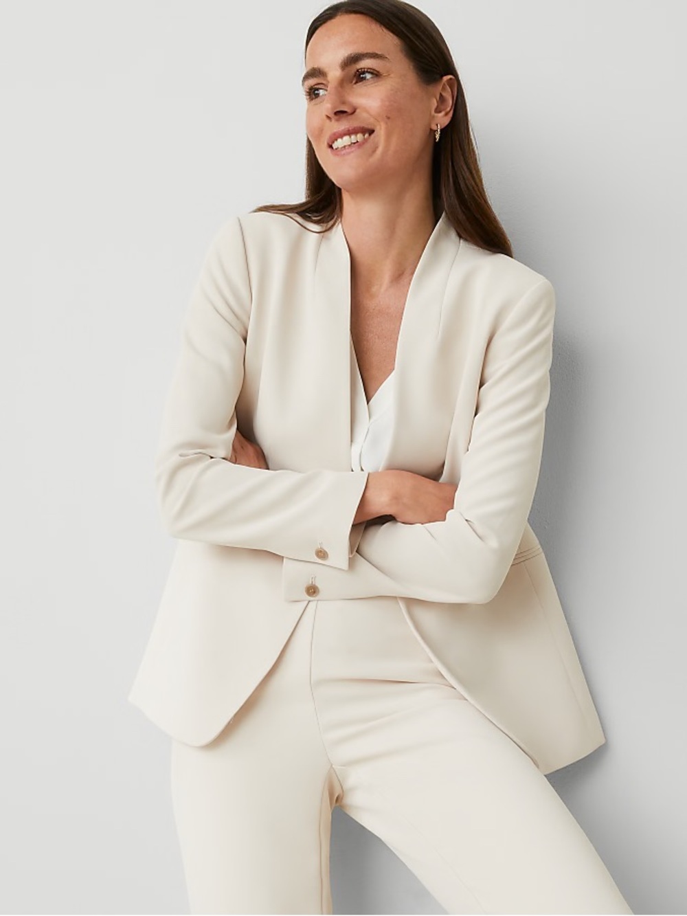 NWT Ann Taylor Petite Long Collarless Fluid Crepe Blazer Ivory 4P